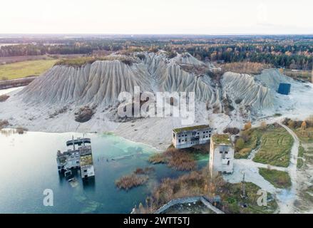 Aerial view of the lake by the underwater soviet prison in Rummu quarry, Estonia Stock Photo