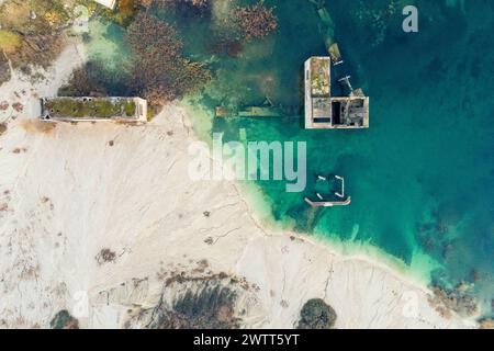 Aerial view of the lake by the underwater soviet prison in Rummu quarry, Estonia Stock Photo