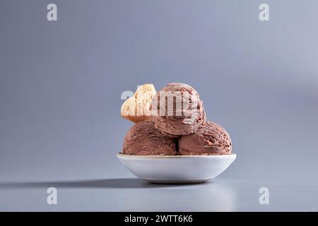 A delicious scoop of chocolate ice cream in a bowl with a wafer on a grey background. Stock Photo