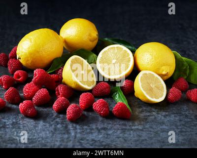 Lemons and Raspberries Stock Photo