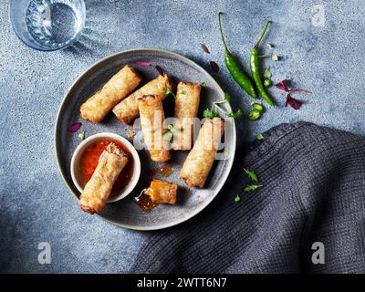 Savory spring rolls served on a stone plate with dipping sauce Stock Photo