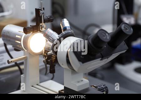 Attractive female scientist testing using microscope to test for dna Stock Photo