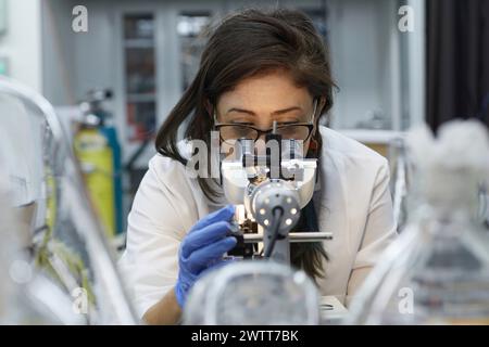 Attractive female scientist testing using microscope to test for dna Stock Photo