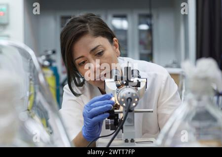 Attractive female scientist testing using microscope to test for dna Stock Photo