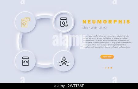 Medicine set line icon. Fracture, bone, treatment, doctor, smartphone, heart, syringe, first aid kit. Neomorphism style. Vector line icon for business Stock Vector