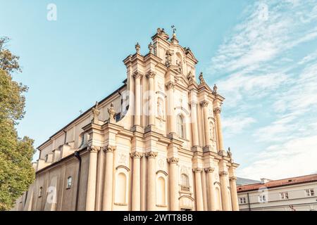 Baroque church facade against a clear blue sky Stock Photo