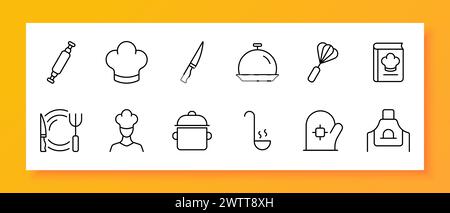 Kitchen icon set. Povor's cap, rolling pin, plate, knife, fork, oven mitt, apron, recipe book. Black icon on a white background. Vector line icon for Stock Vector