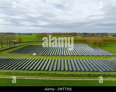 Expansive solar farm stretching across a green landscape under a cloudy sky. Stock Photo