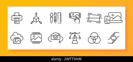 Camera icon set. Motor, video, shooting, cinema, photo, lens, cameraman. Black icon on a white background. Vector line icon for business and advertisi Stock Vector