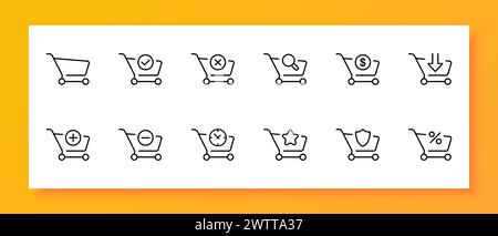 Grocery cart icon set. Shopping, supermarket, grocery, store, goods, basket, market family, daily food, cash register. Black icon on a white backgroun Stock Vector