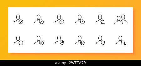 User icon set. Tick, cross, plus, timer, asterisk, friends, minus, dollar, gps mark, gear. Black icon on a white background. Vector line icon for busi Stock Vector