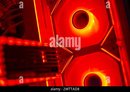 Internal components of an illuminated high-end gaming PC, symbolizing cutting-edge technology. Stock Photo