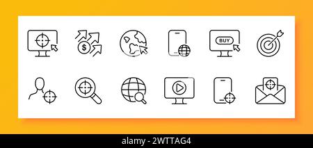 Advertising icon set. Target audience, monitor, dollar, purchase, planet, video hosting, mail, smartphone. Black icon on a white background. Vector li Stock Vector