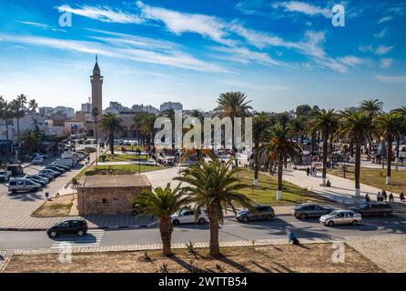 Bourguiba Square and Bourguiba Mosque seen from the top of the Ribat of Monastir, Monastir, Tunisia. Stock Photo