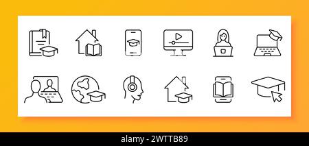 Online learning icon set. Book, video hosting, headphones, online call, smartphone, e-book. Black icon on a white background. Vector line icon for bus Stock Vector