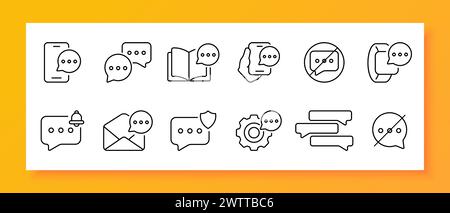 Dialogue bubble icon set. Smartphone, book, smart watch, message, information, internet, library. Black icon on a white background. Vector line icon f Stock Vector