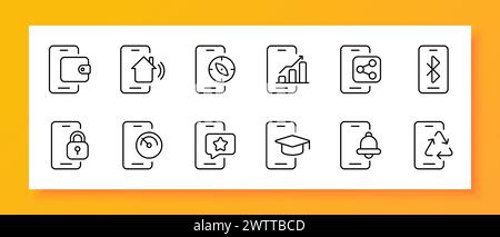 Smartphone icon set. Electronic wallet, compass, share, bluetooth, lock, favorites, bell. Black icon on a white background. Vector line icon for busin Stock Vector