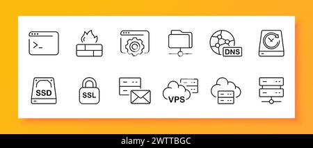 Internet icon set. SSD, storage device, server, host, local network, VPS, DNS, website, firewall. Black icon on a white background. Vector line icon f Stock Vector