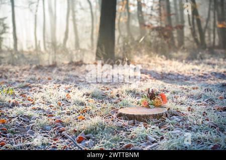 A frosty morning in the woods with a cut log adorned by colorful flowers. Stock Photo