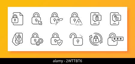 Security icon set. Threat, password, lock, key, internet, smartphone, file, gears, two-step authentication. Black icon on a white background. Vector l Stock Vector