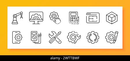 Technologies icon set. Hydraulic arm, calculator, drawing, marking, ruler, smartphone, ammeter, screwdriver. Black icon on a white background. Vector Stock Vector
