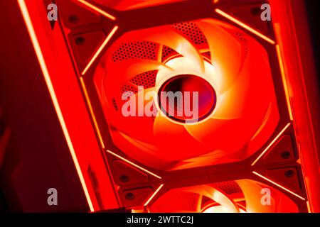 Internal components of an illuminated high-end gaming PC, symbolizing cutting-edge technology. Stock Photo