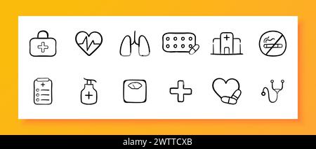 Medicine icon set. Heart, attack, lungs, asthma, pills, hospital, scales, heartbeat. Black icon on a white background. Vector line icon for business a Stock Vector