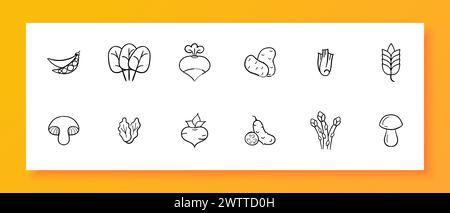 Vegetables icon set. Peas, potatoes, mushrooms, spikelets, beet, spinach, greens, salad, side dish. Black icon on a white background. Vector line icon Stock Vector