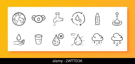 Water icon set. Global warming. climate. planet, liquid, thirst, pipeline, rain, clouds. Black icon on a white background. Vector line icon for busine Stock Vector