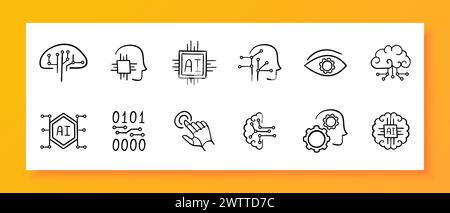 Technologies icon set. Gear, monitor, cloud storage, artificial intelligence, information, neural network, robot. Black icon on a white background. Ve Stock Vector
