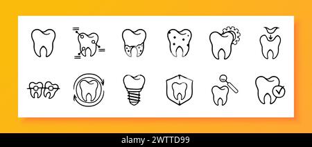 Teeth icon set. Caries, dentist, mouth, fangs, enamel, paste, pain, jaw, brush, gums, tongue. Black icon on a white background. Vector line icon for b Stock Vector