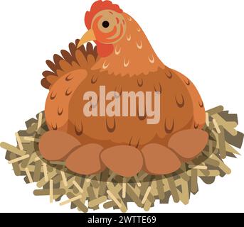 Hen hatching eggs. Farm bird mother. Poultry cartoon icon Stock Vector
