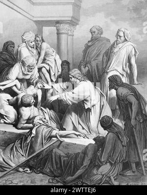 Jesus healing the sick, Old Testament, Bible, the Gospel according to Matthew 4, historical ilustration 1886 Stock Photo