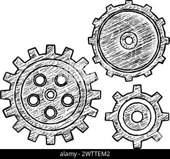 Cogwheels sketch. Mechanical clockwork. Hand drawn gears Stock Vector