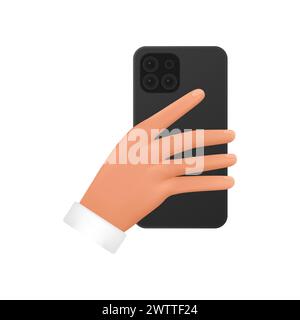 3D hand of man holding mobile phone with camera to make photo, back view of smartphone vector illustration Stock Vector