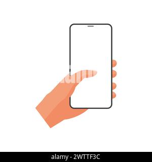 3D human hand holding smartphone, touching blank white screen with thumb vector illustration Stock Vector