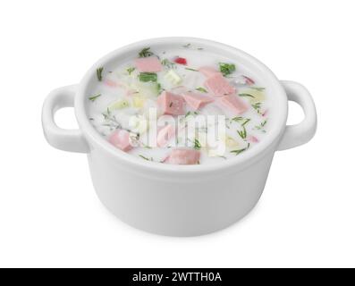 Delicious cold summer soup (okroshka) with boiled sausage in pot isolated on white Stock Photo