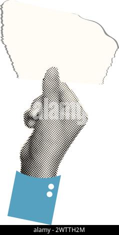 Halftone hand holding torn paper collage vector illustration Stock Vector