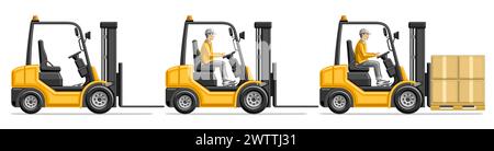 Vector illustration of Forklift Trucks, set of profile side view empty commercial forklift for logistic company and yellow forklift loader with post p Stock Vector