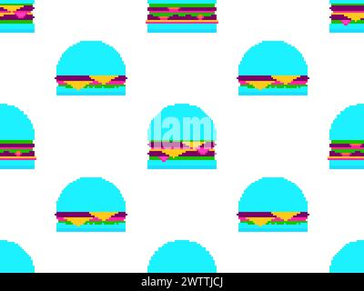 Seamless pattern with burgers in pixel art style. Pixel cheeseburgers and hamburgers with two cutlets and cheese. 8-bit fast food in retro style from Stock Vector