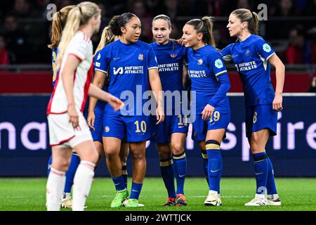 AMSTERDAM - (l-r) Lauren James of Chelsea FC, Guro Reiten of Chelsea FC, Johanna Rytting Kaneryd of Chelsea FC, Melanie Leupolz of Chelsea FC celebrate the 0-1 during the UEFA Champions League women's quarter-final match between Ajax and Chelsea FC in the Johan Cruijff ArenA on March 19, 2024 in Amsterdam, Netherlands. ANP GERRIT VAN COLOGNE Stock Photo