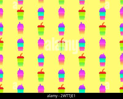 Seamless pattern with plastic or paper cups with straws in pixel art style. Pixel paper glasses for carbonated drinks. 8-bit smoothie glass with straw Stock Vector