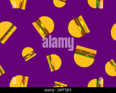 Seamless pattern with burgers in pixel art style. Pixel cheeseburgers and hamburgers with two cutlets and cheese. 8-bit fast food in retro style from Stock Vector