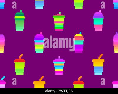 Seamless pattern with plastic or paper cups with straws in pixel art style. Pixel paper glasses for carbonated drinks. 8-bit smoothie glass with straw Stock Vector