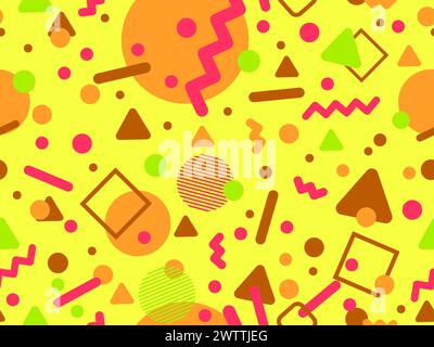 Memphis seamless pattern with geometric shapes in 80s and 90s style. Geometric shapes of different shapes and colors. Design of promotional products, Stock Vector