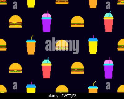 Seamless pattern with pixel hamburgers and soda. Paper cups with carbonated drinks. Cheeseburgers, hamburgers and carbonated soft drinks in pixel art Stock Vector