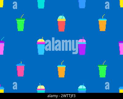 Seamless pattern with plastic or paper cups with straws in pixel art style. Pixel paper glasses for carbonated drinks. 8-bit smoothie glass with straw Stock Vector