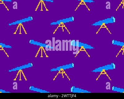 Pixel telescope seamless pattern. Telescope on a tripod in pixel art style. 8-bit astronomical telescope for observing outer space. Design for print w Stock Vector