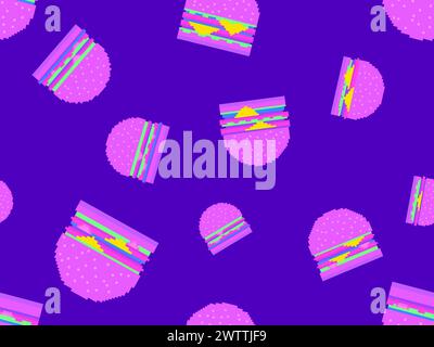 Seamless pattern with burgers in pixel art style. Pixel cheeseburgers and hamburgers with two cutlets and cheese. 8-bit fast food in retro style from Stock Vector