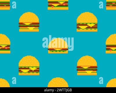 Seamless pattern with burgers in pixel art style. Pixel cheeseburgers and hamburgers with two cutlets and cheese. 8-bit fast food in retro style from Stock Vector